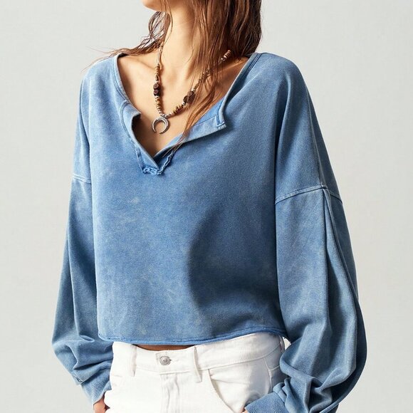 Blue Casual Women's V-Neck Long Sleeve Loose Pullover Sweatshirt - Picture 7 of 8